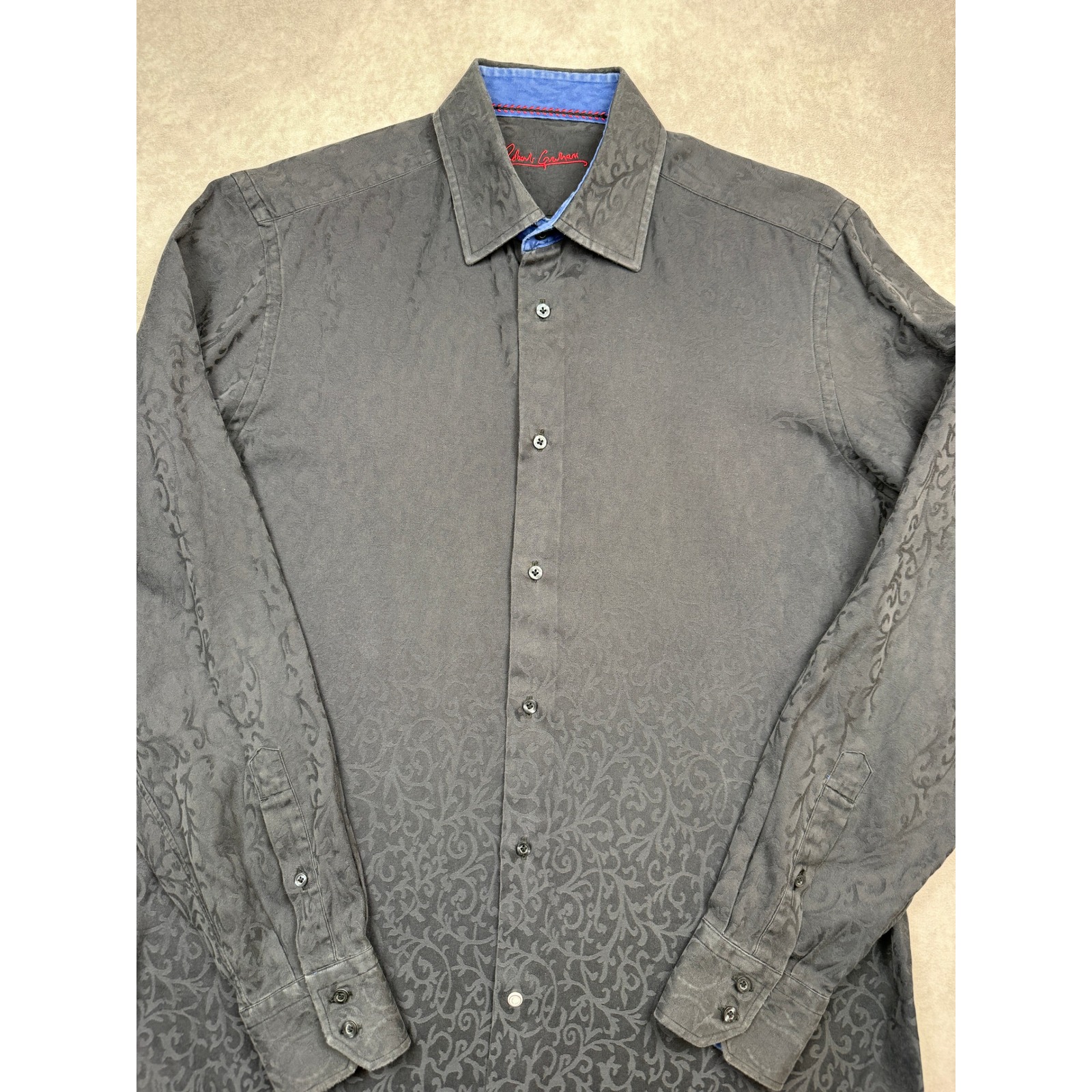 Robert Graham Men L Black Jacquard Damask Button Down Shirt Blue Contrast Cuff